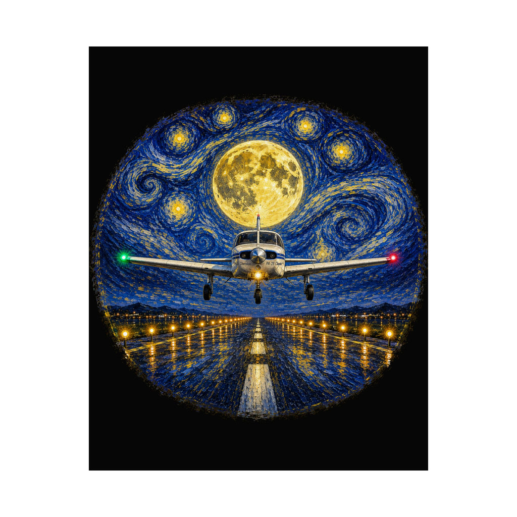 Piper Night Landing – Matte Vertical Poster (Starry Moon Flight Art)