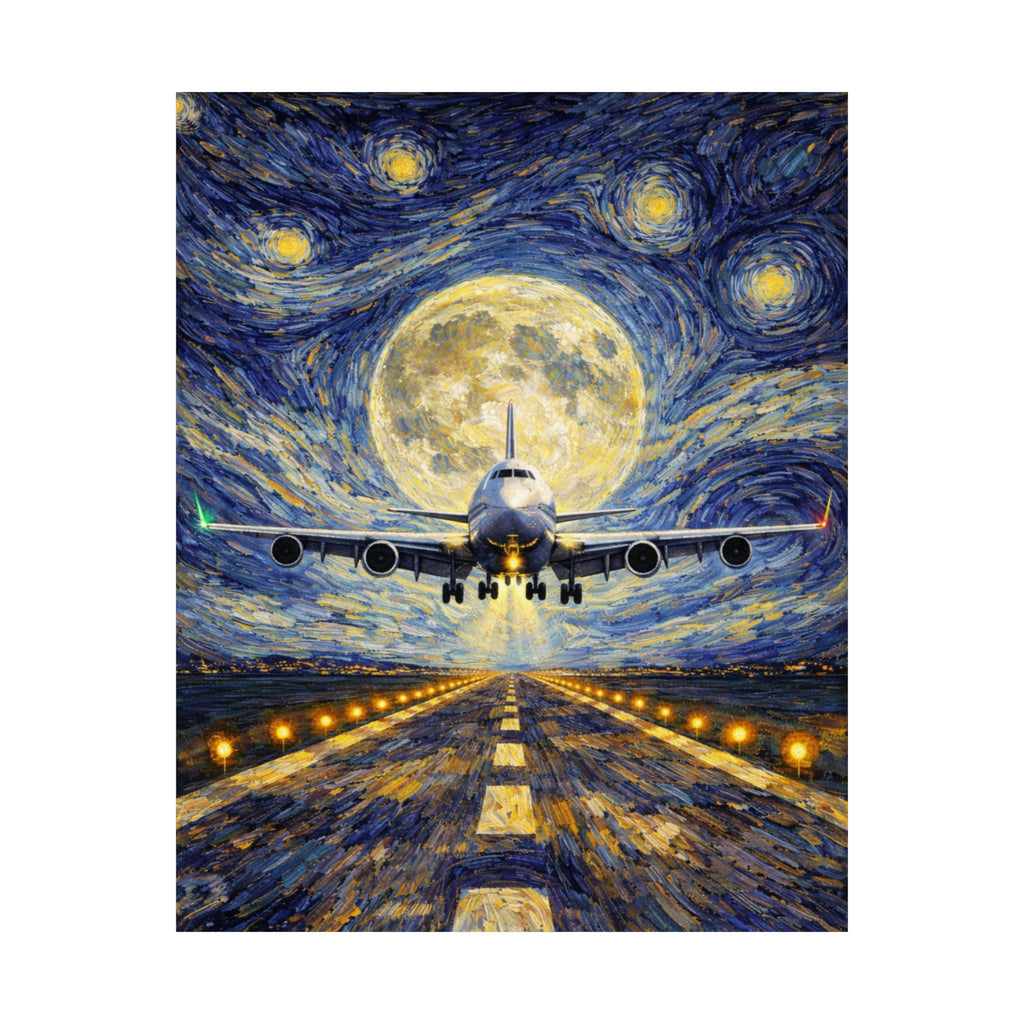 B-747 Starry Night Runway Poster — Van Gogh Moon Aviation Wall Art