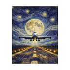 B-747 Starry Night Runway Poster — Van Gogh Moon Aviation Wall Art