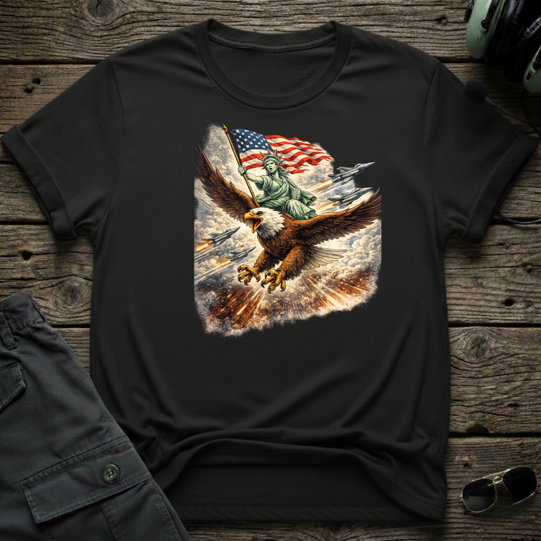 Patriotic Eagle & Flag lifestyle shot - Gildan 64000 ring-spun cotton aviation shirt