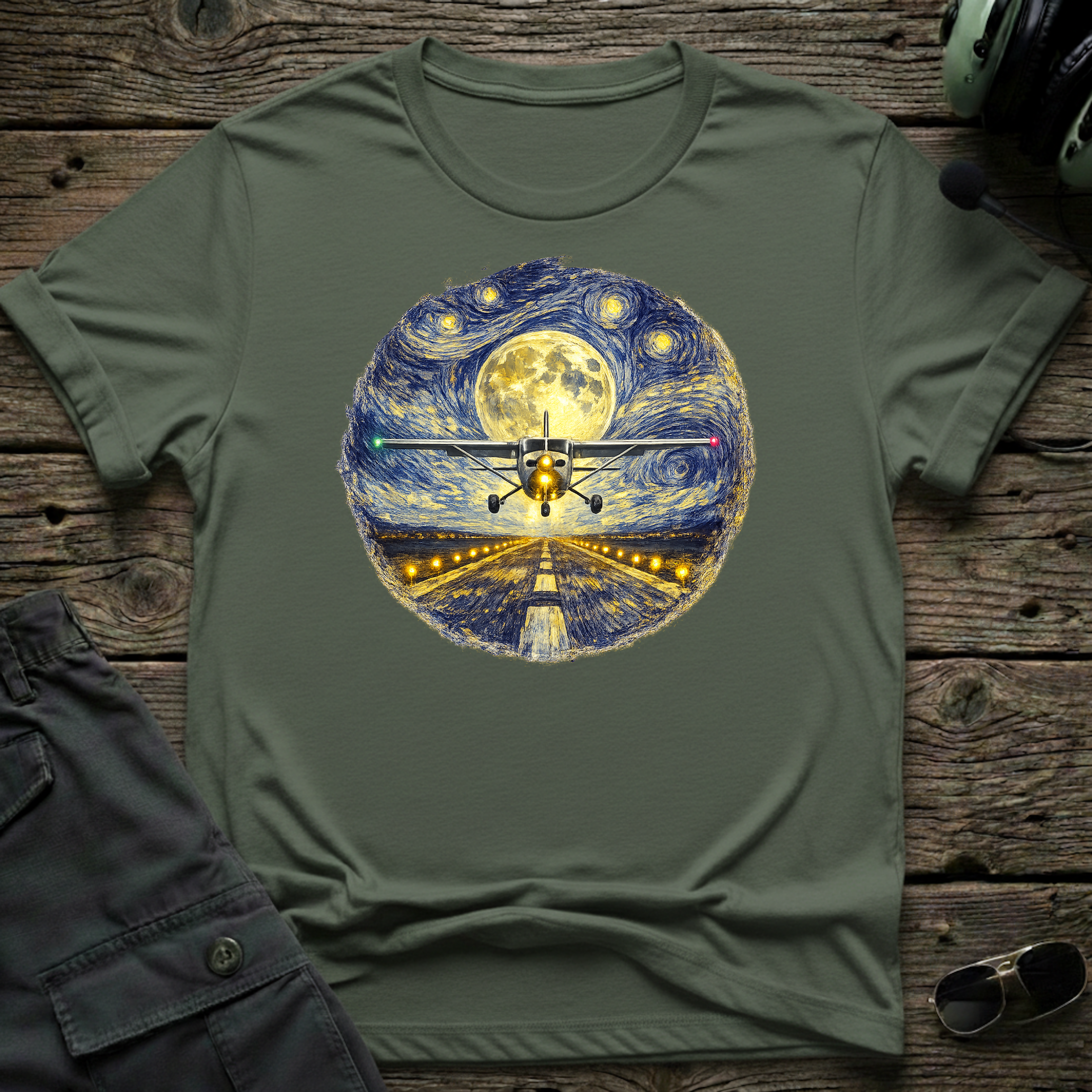 Cessna night flight t-shirt - airplane landing under Van Gogh starry night sky