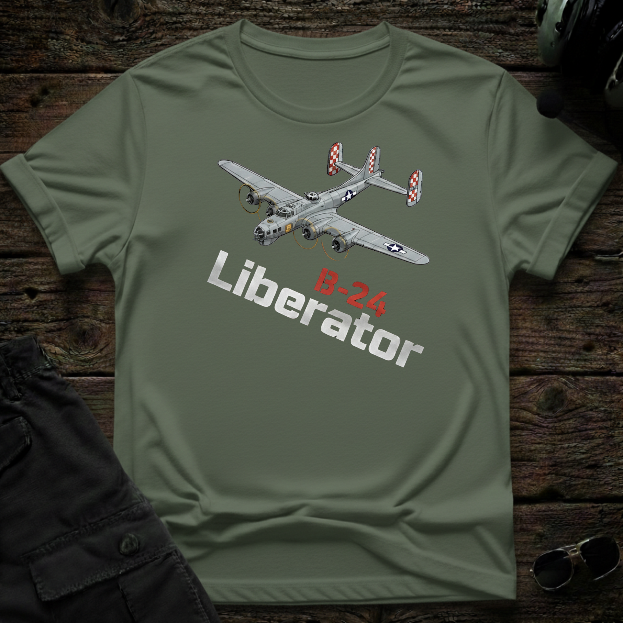 B24 Liberator front view - premium aviation tee for pilots