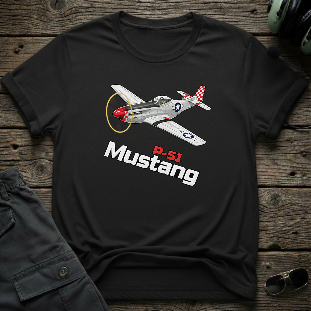 P-51 Mustang lifestyle shot - Gildan 64000 ring-spun cotton aviation shirt