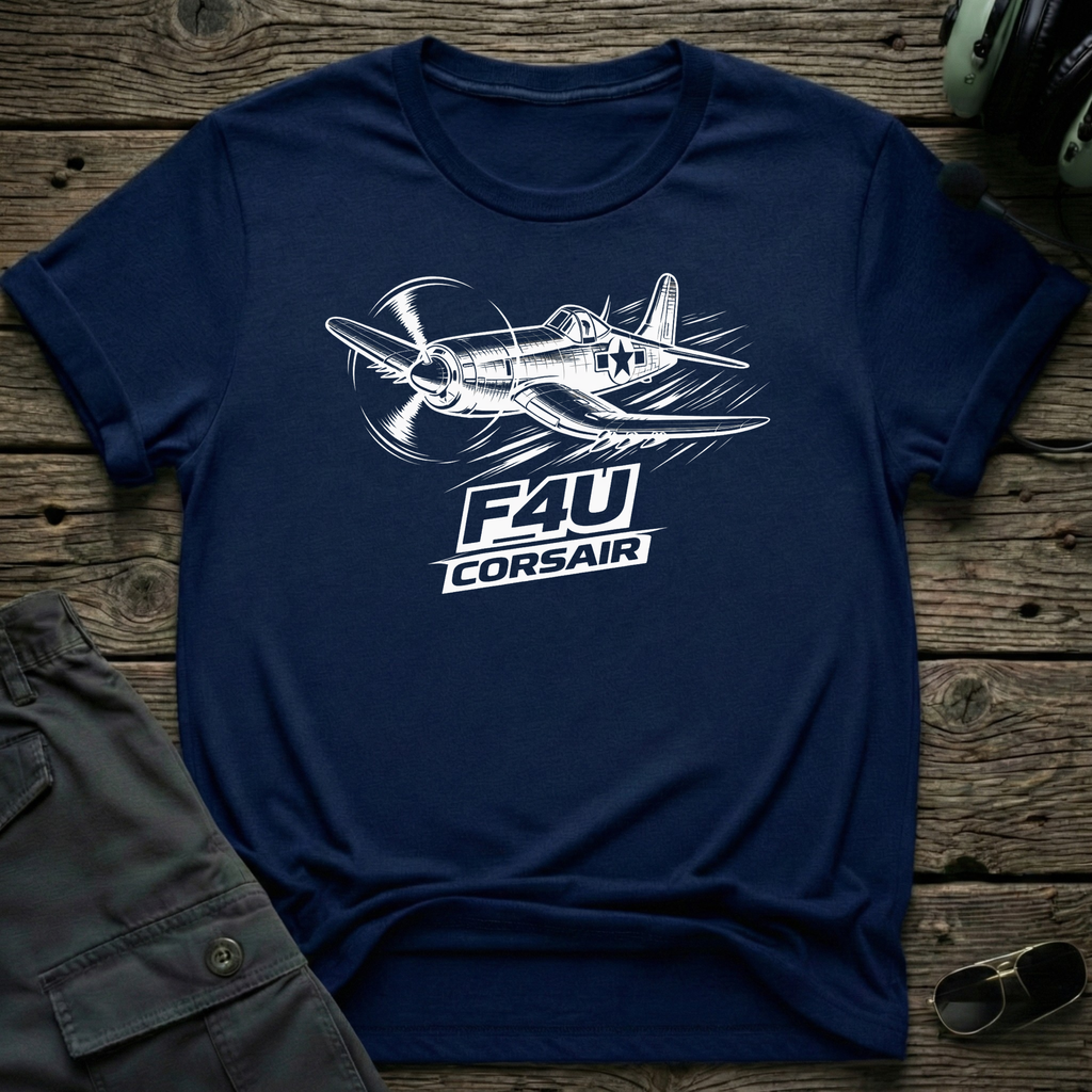 F4U Corsair Line Art lifestyle shot - Gildan 64000 ring-spun cotton aviation shirt