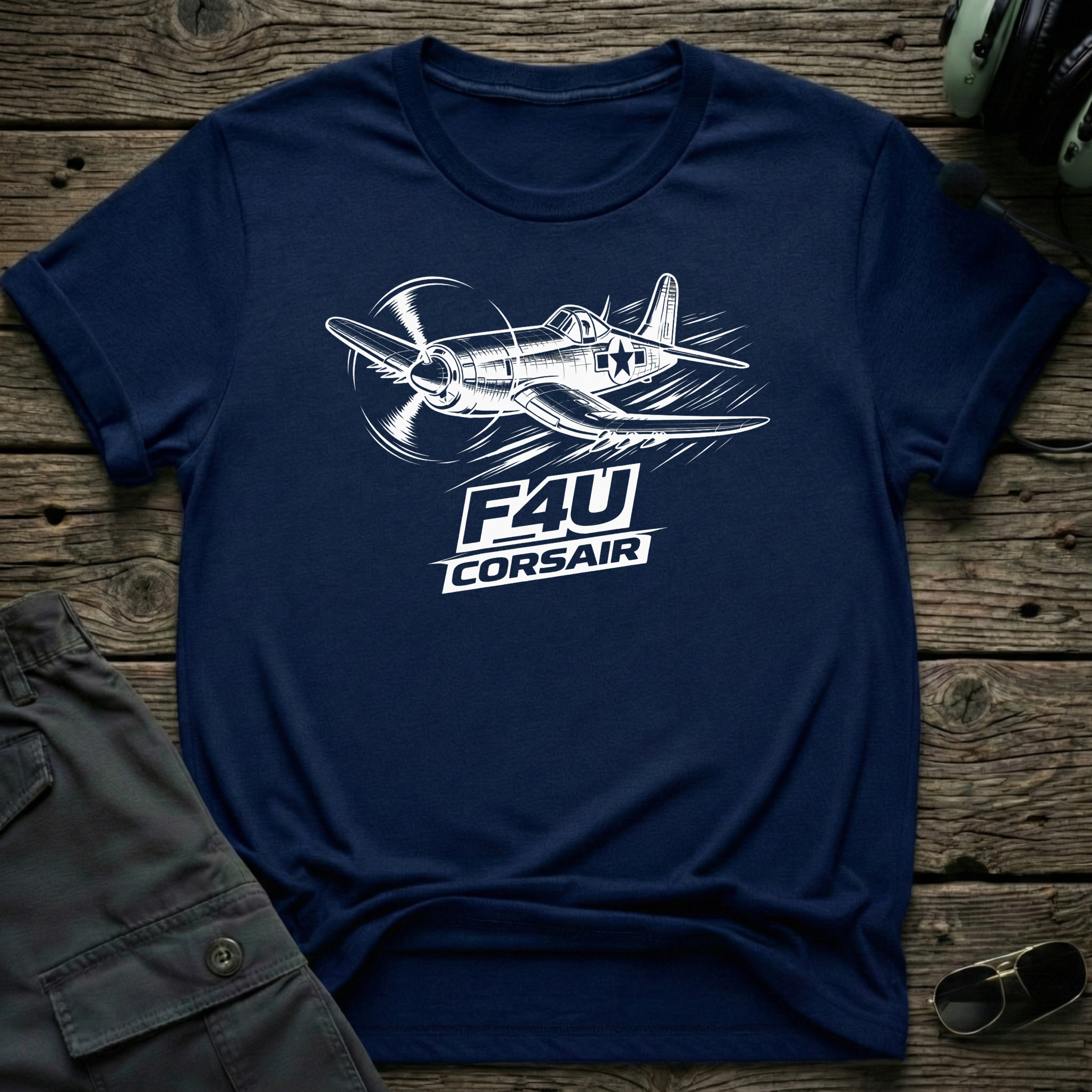F4U Corsair Line Art lifestyle shot - Gildan 64000 ring-spun cotton aviation shirt