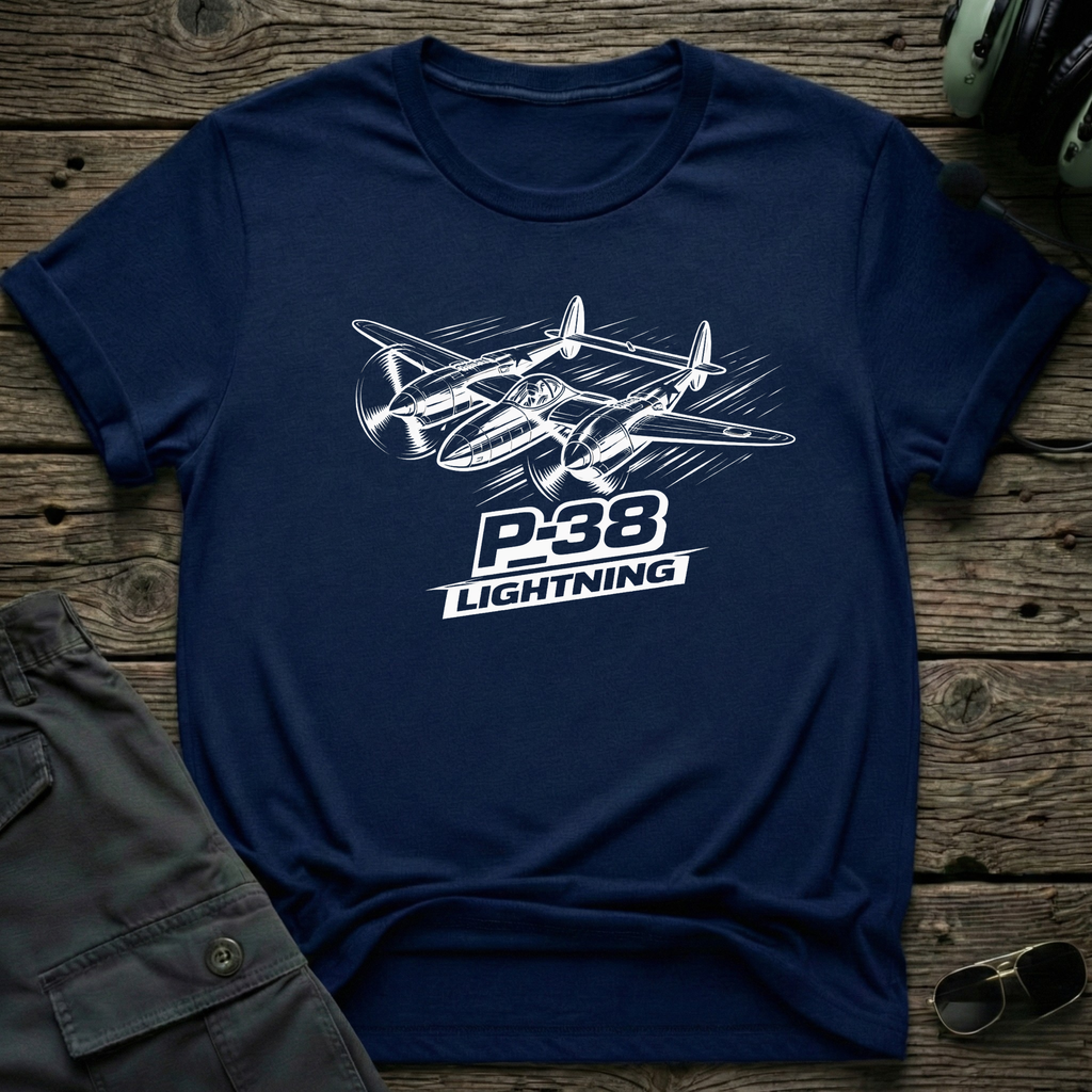 P-38 Lightning Line Art front view - premium aviation tee for pilots