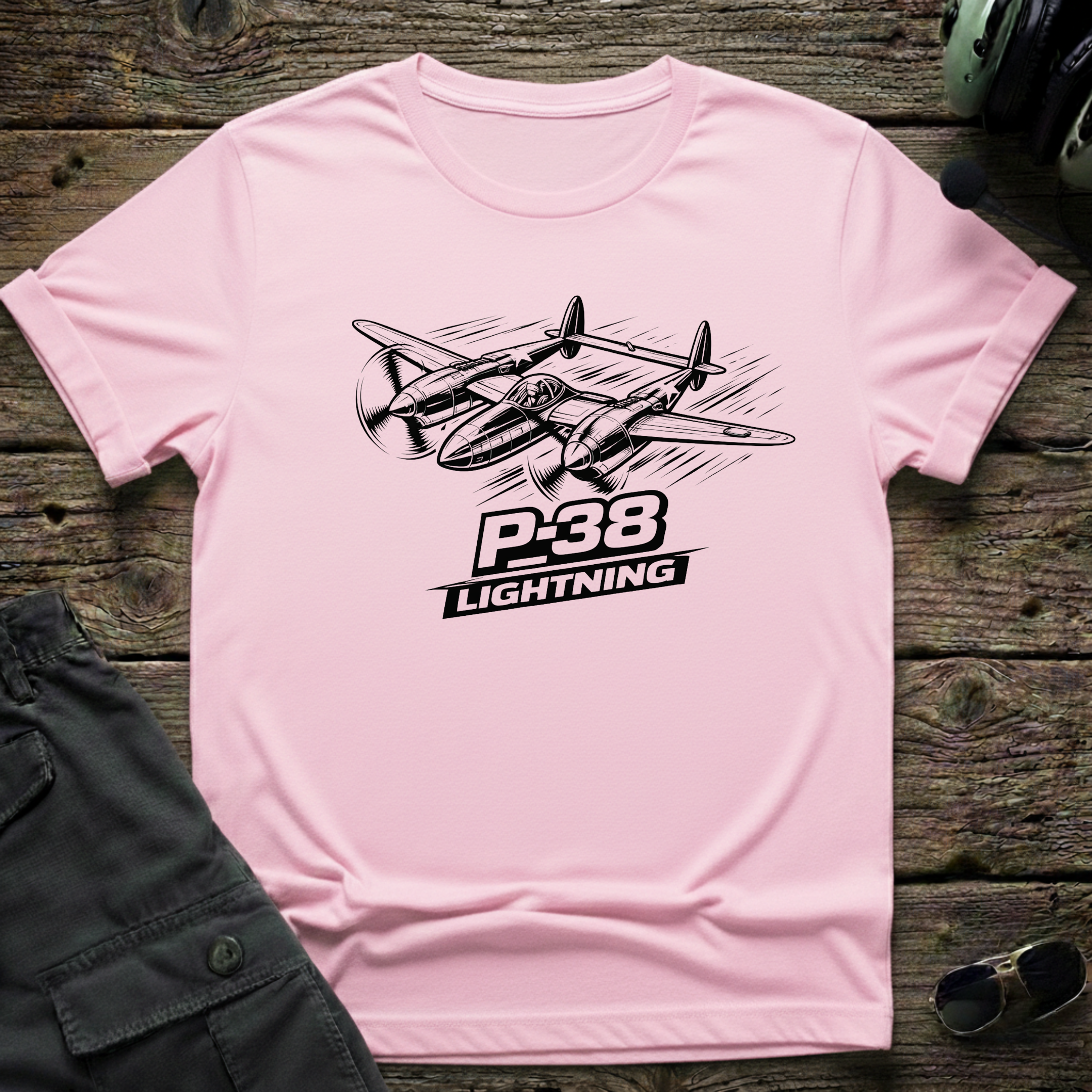 P-38 Lightning Line Art Dark - Cleared4Tees premium aviation apparel