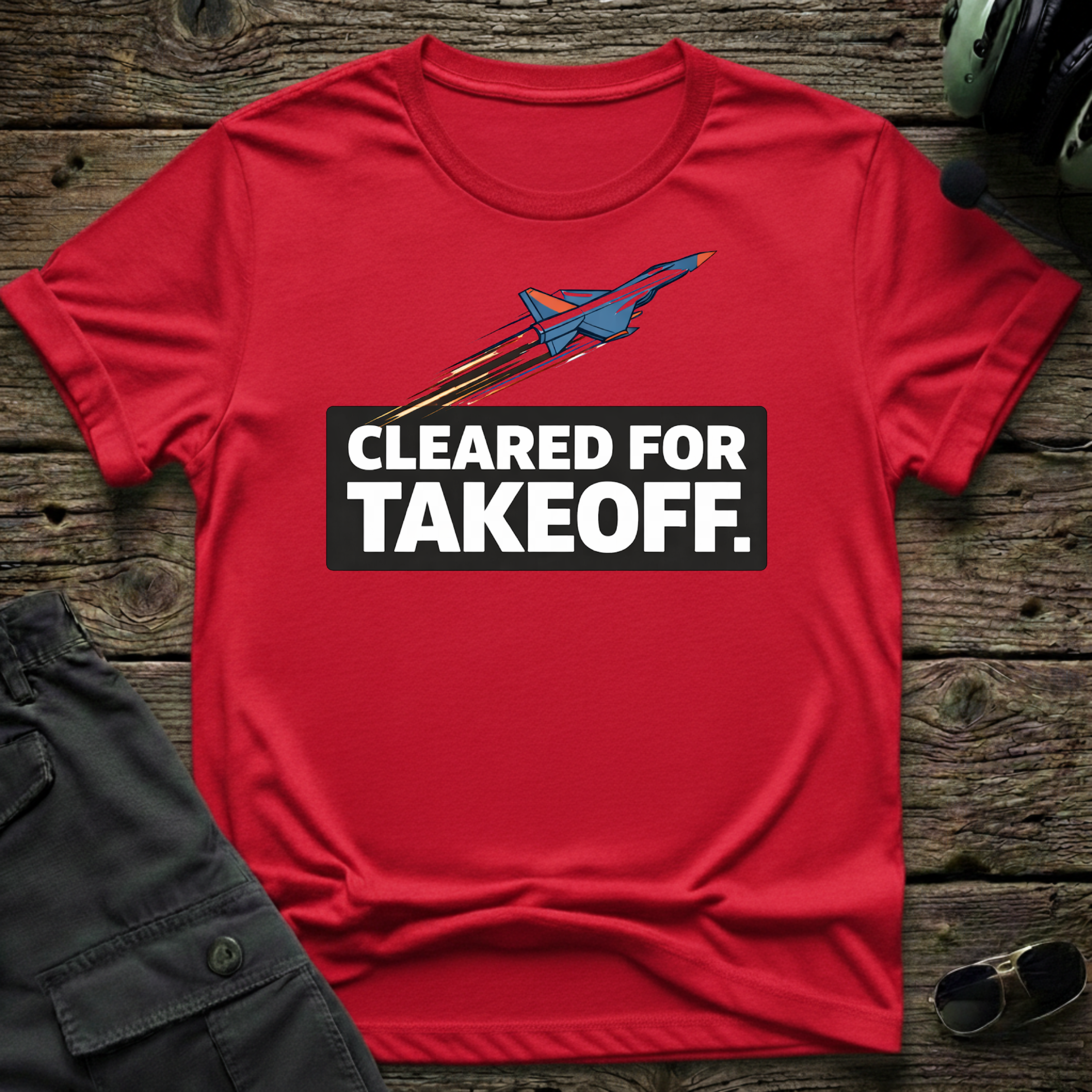 Jet Cleared For Takeoff lifestyle shot - Gildan 64000 ring-spun cotton aviation shirt