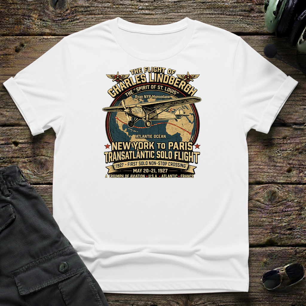 Lindberg NY-Paris front view - premium aviation tee for pilots
