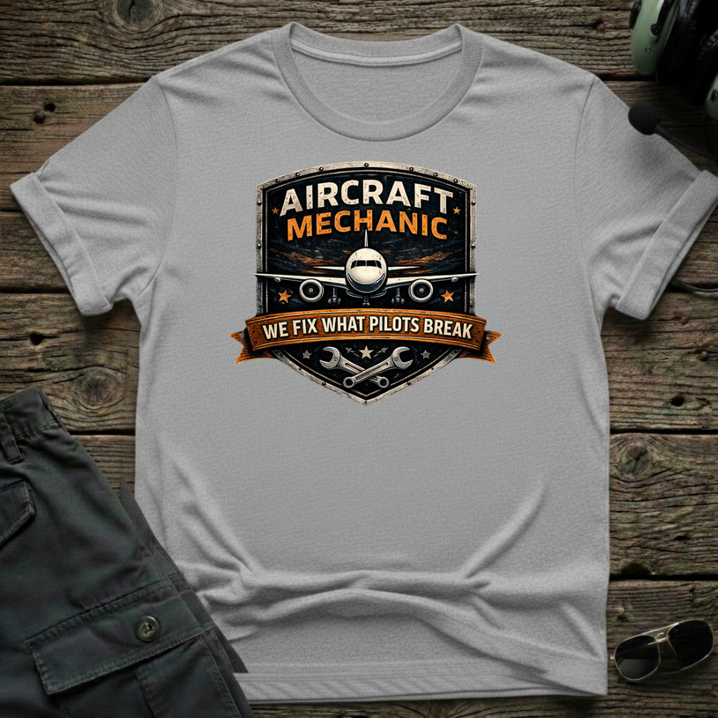 Fixing What Pilots Break lifestyle shot - Gildan 64000 ring-spun cotton aviation shirt