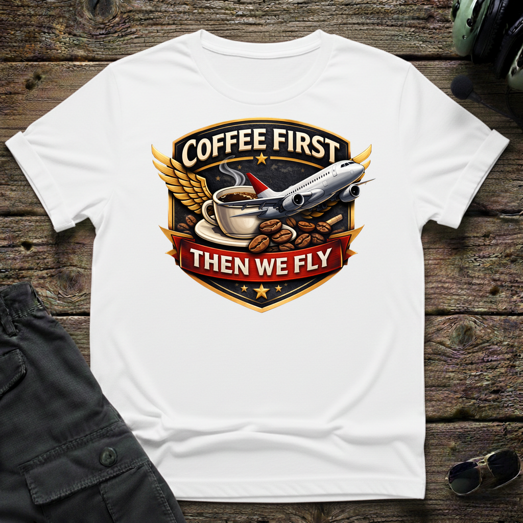 Coffee First front view - premium aviation tee for pilots