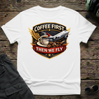 Coffee First front view - premium aviation tee for pilots