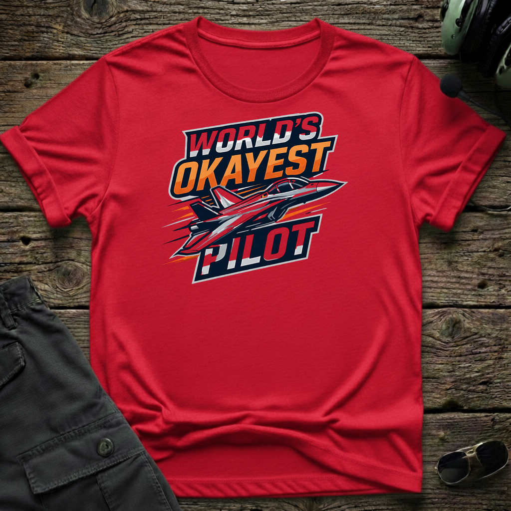 Worlds Okayest Pilot lifestyle shot - Gildan 64000 ring-spun cotton aviation shirt