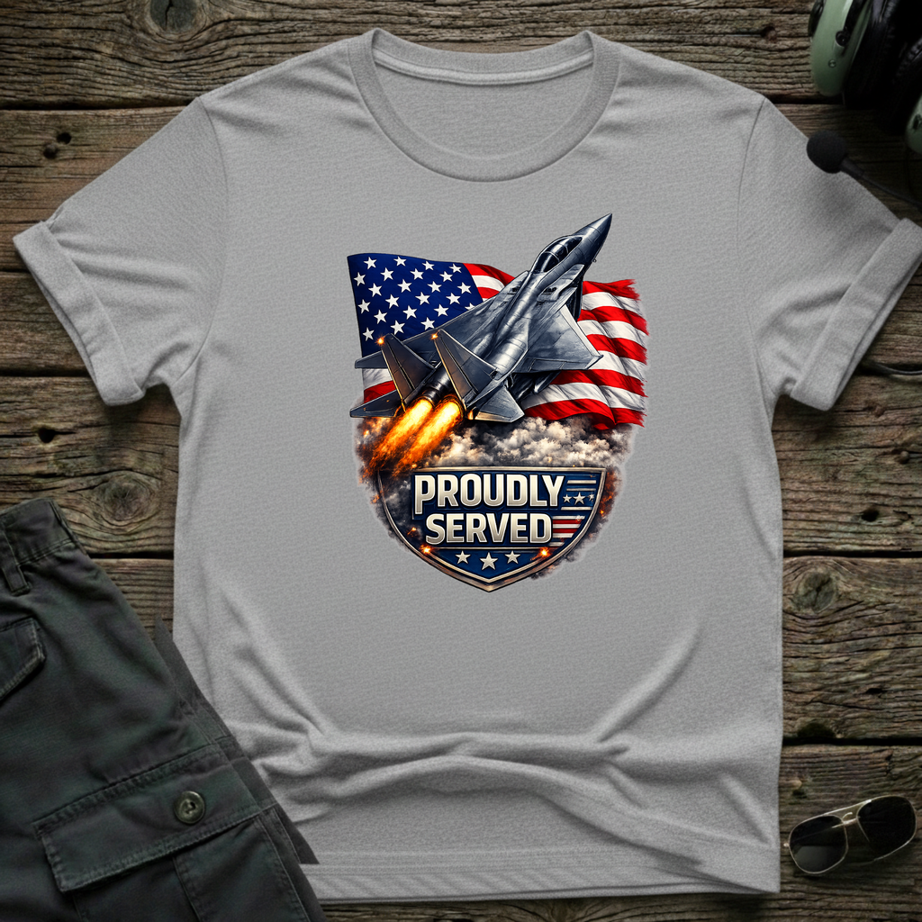 Proudly Served lifestyle shot - Gildan 64000 ring-spun cotton aviation shirt