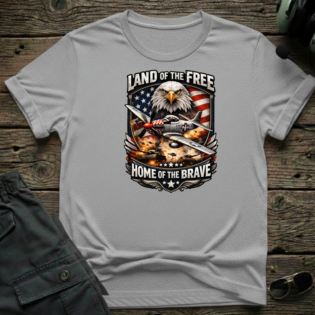 Land of the Free lifestyle shot - Gildan 64000 ring-spun cotton aviation shirt