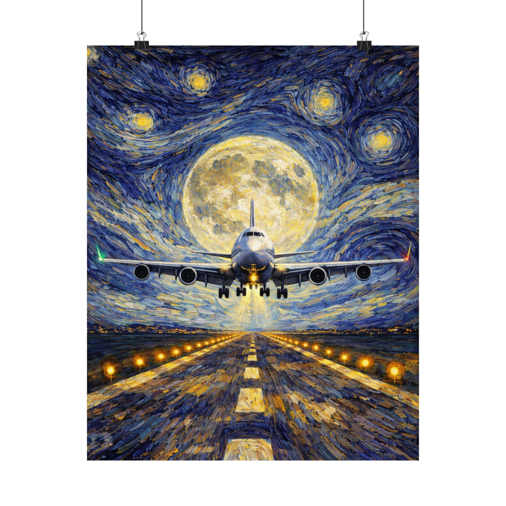 B-747 Starry Night Runway Poster — Van Gogh Moon Aviation Wall Art