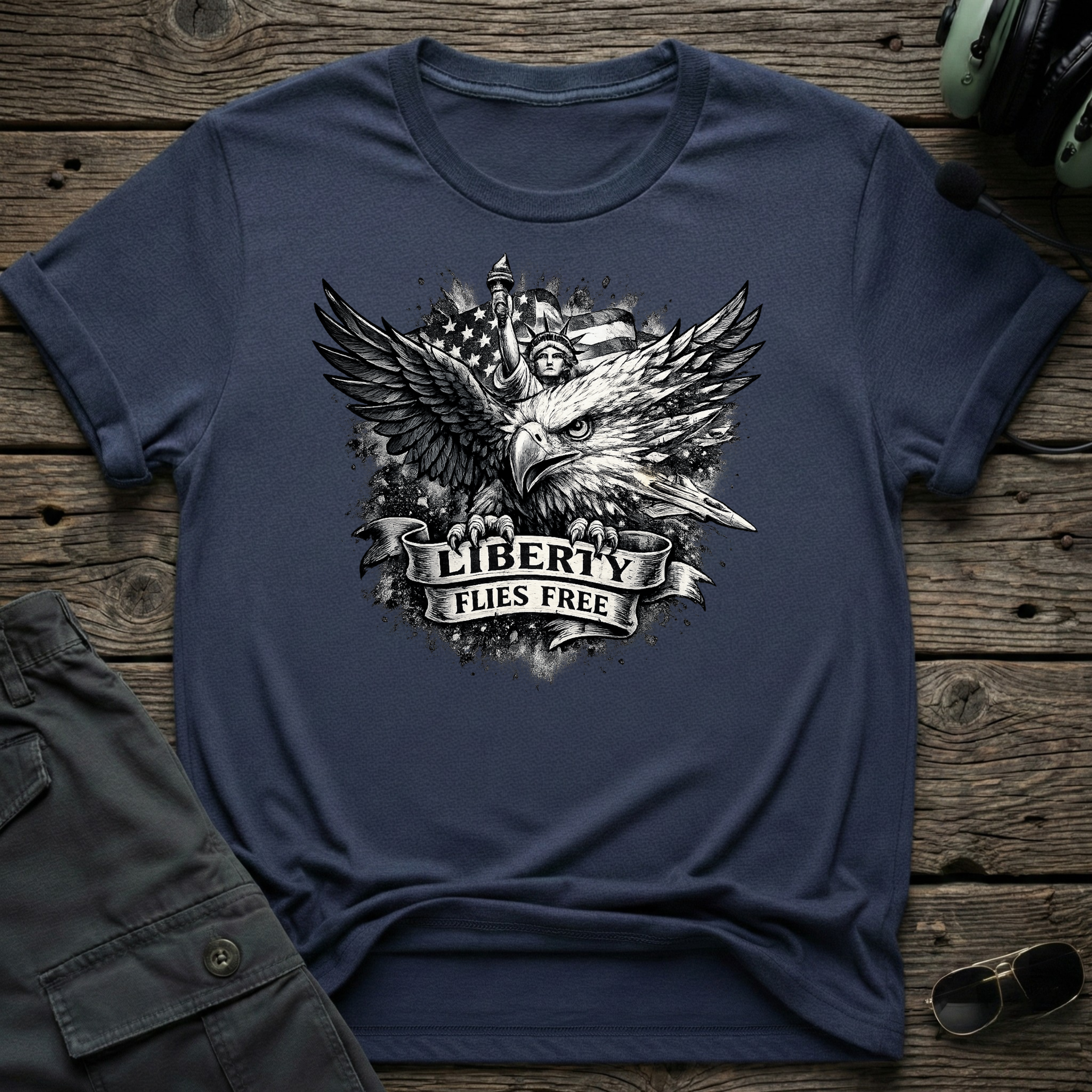 Liberty Flies Free front view - premium aviation tee for pilots