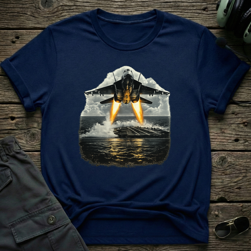 Jet Fighter Takeoff lifestyle shot - Gildan 64000 ring-spun cotton aviation shirt