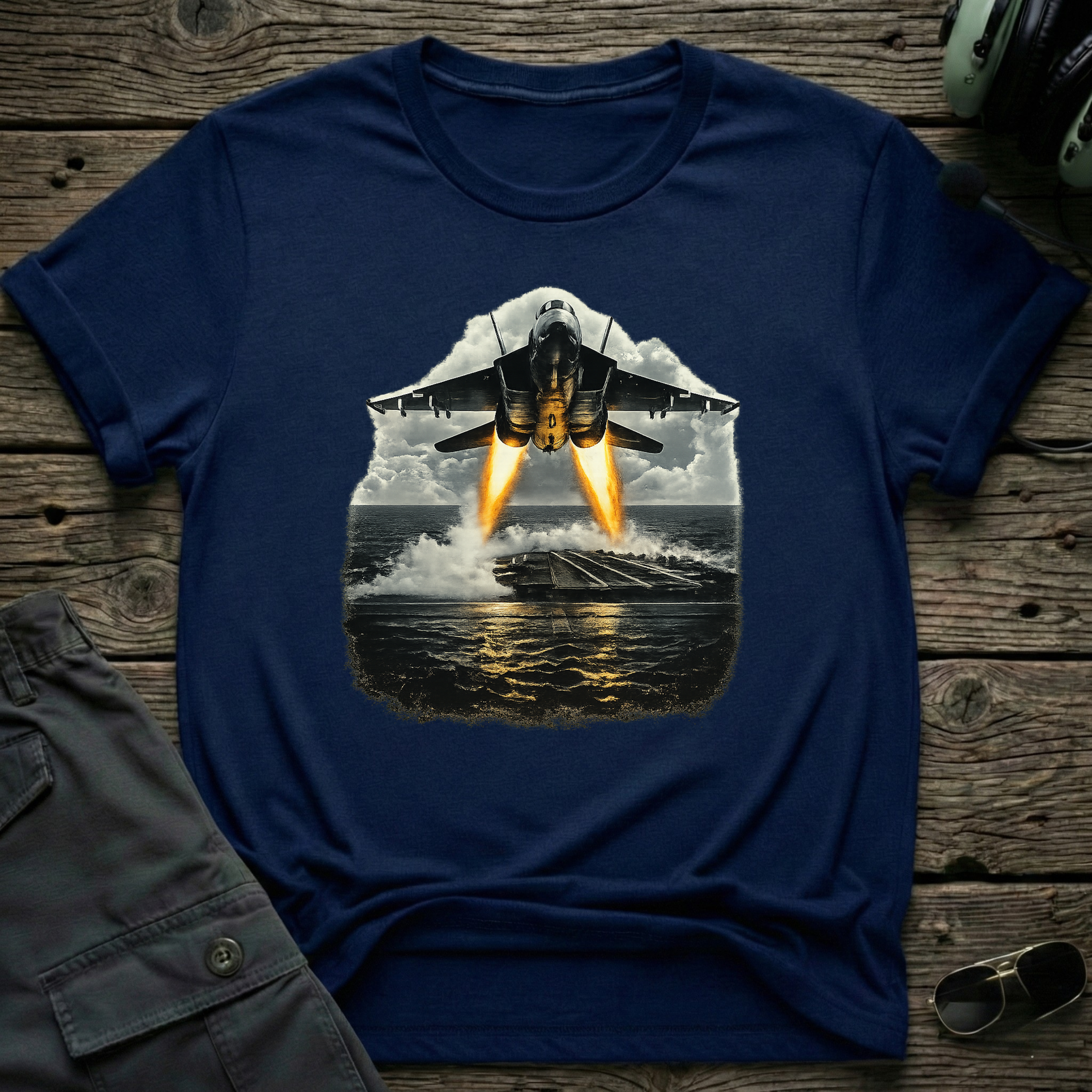 Jet Fighter Takeoff lifestyle shot - Gildan 64000 ring-spun cotton aviation shirt