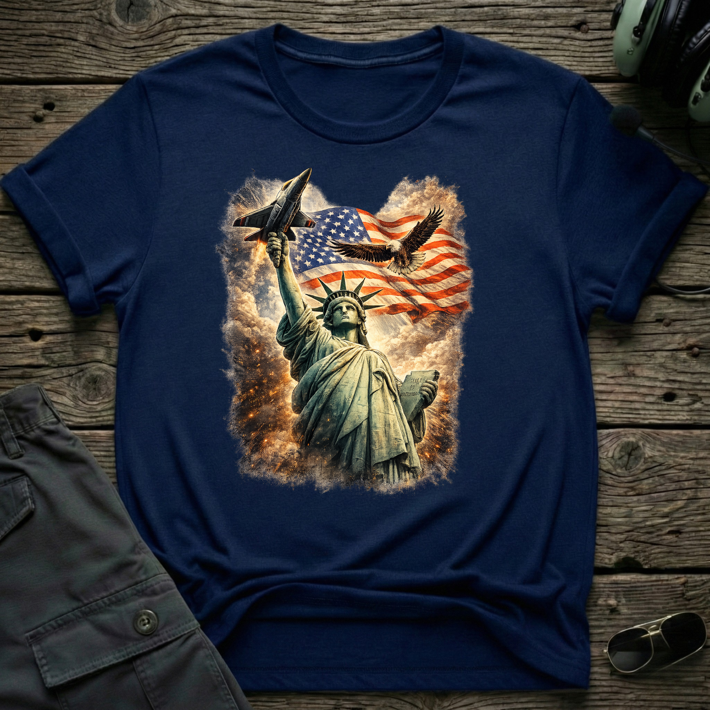 Statue of Liberty American Flag front view - premium aviation tee for pilots