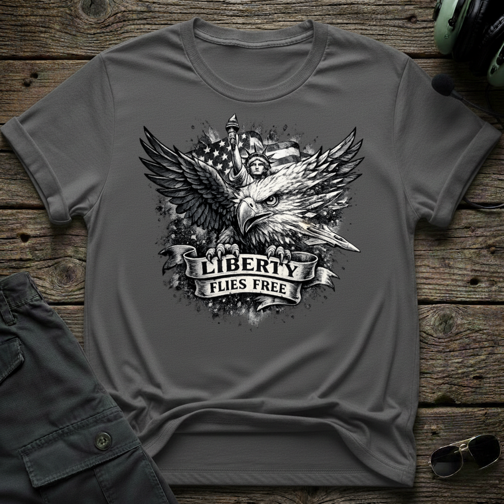 Liberty Flies Free lifestyle shot - Gildan 64000 ring-spun cotton aviation shirt