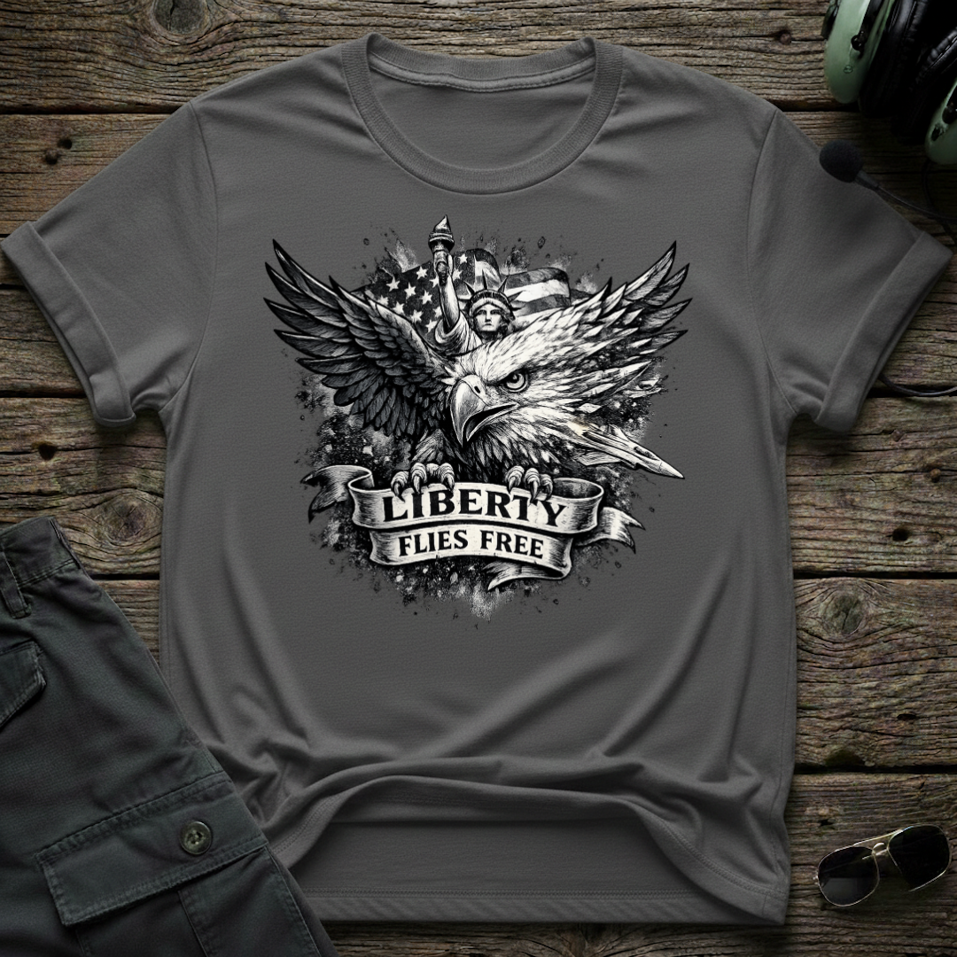 Liberty Flies Free lifestyle shot - Gildan 64000 ring-spun cotton aviation shirt